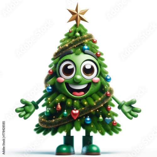 A delightful cartoon Christmas tree character decorated with festive ornaments, presented on a clean white background.