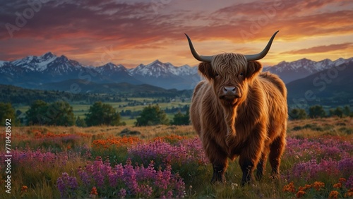highland cow in the mountains photo
