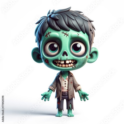 Illustration of a cartoon zombie boy with green skin and stitched details.