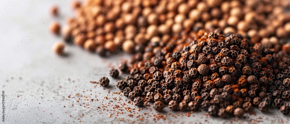 Piles of ground spices and pepper flakes on a white countertop Piles of ground spices and pepper flakes on a white countertop