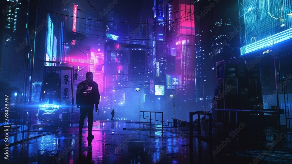 A dimly lit, futuristic cityscape where neon lights reflect off slick surfaces. A mysterious figure, face obscured by a digital mask, stands triumphantly next to a breached security system. 