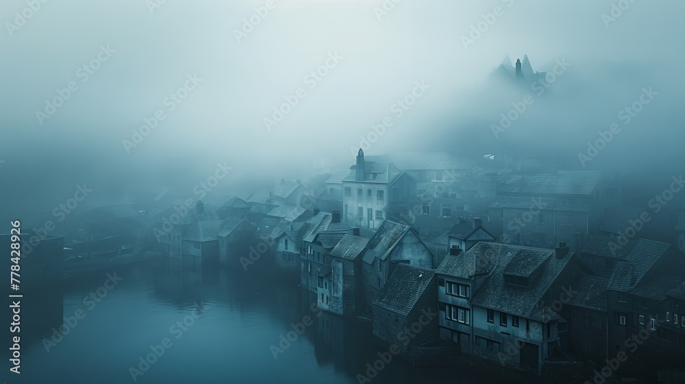 Coastal town covered in a blue-gray fog, evoking a sense of mystery and quietude. The authentic atmosphere and muted tones draw inspiration from the atmospheric coastal photography.