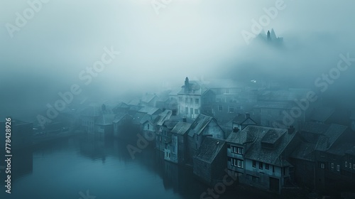 Coastal town covered in a blue-gray fog, evoking a sense of mystery and quietude. The authentic atmosphere and muted tones draw inspiration from the atmospheric coastal photography.
