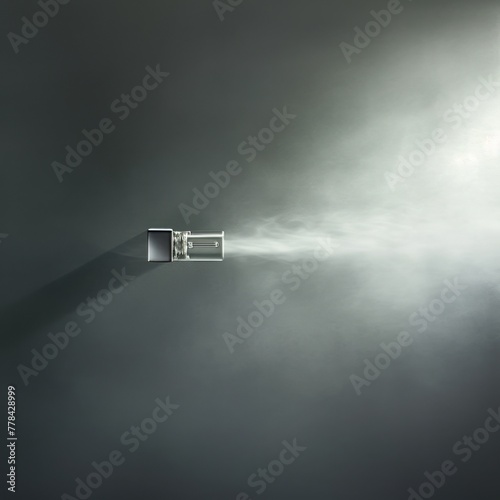 Narrow nozzle on a perfume bottle, with a fine mist of fragrance hanging in the air. The soft and ethereal quality of the mist creates a dreamlike atmosphere, emphasizing the subtlety and elegance.