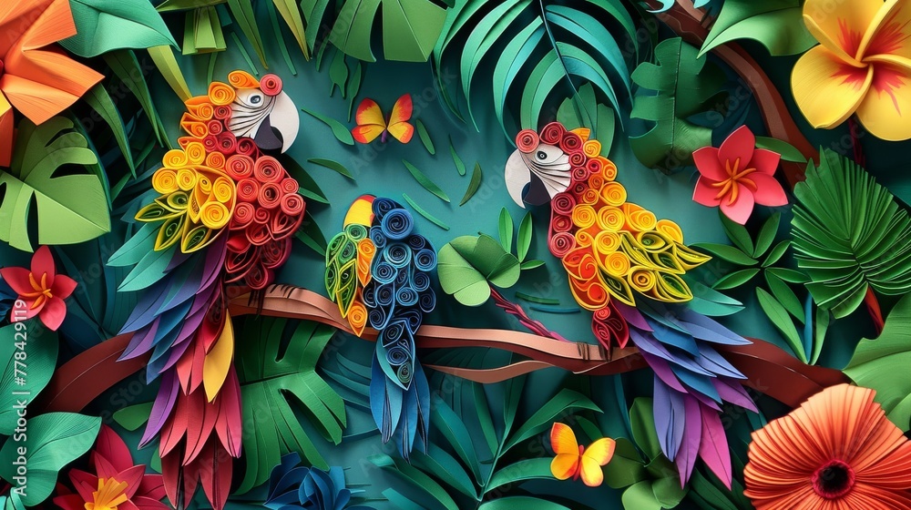 Obraz premium Vibrant Jungle Scene with Neon-Colored Birds and Fluorescent Green Foliage.