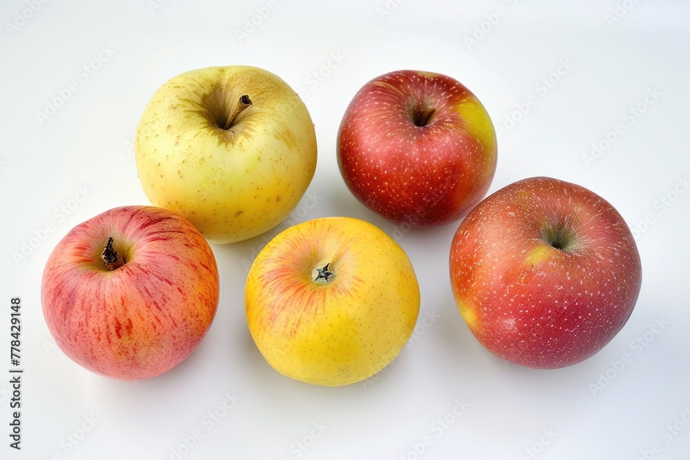 Country Style Small Apples. Three Homemade Tasty Fruits and One Shop-Bought Big Apple on White Background Country Style Small Apples. Three Homemade Tasty Fruits and One Shop-Bought Big Apple on White Background