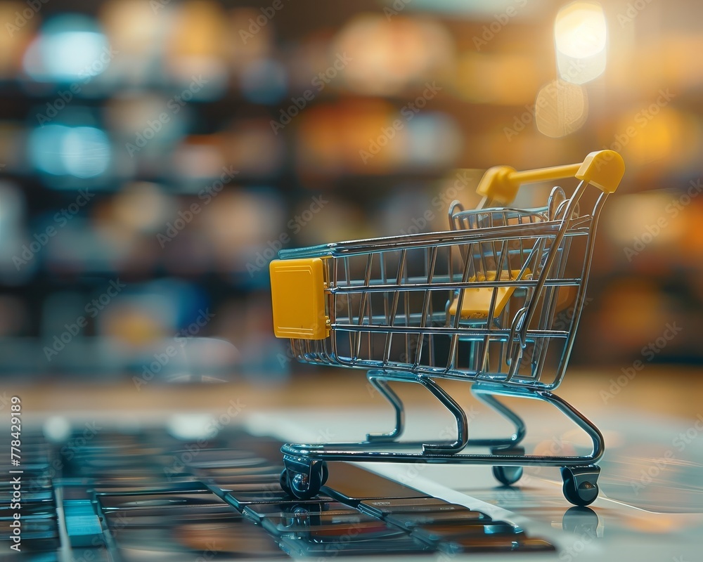 A miniature shopping cart loaded with small cardboard boxes, symbolizing online shopping and package delivery, with a blurred store background. A miniature shopping cart loaded with small cardboard boxes, symbolizing online shopping and package delivery, with a blurred store background.