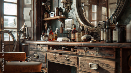 A barber s work station  complete with vintage tools  grooming products  and a worn leather barber s chair. 8K