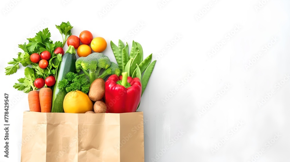Fresh vegetables and fruits overflowing from paper bag on white background. Healthy food concept for lifestyle and diet. Colorful grocery shopping and clean eating. AI Fresh vegetables and fruits overflowing from paper bag on white background. Healthy food concept for lifestyle and diet. Colorful grocery shopping and clean eating. AI