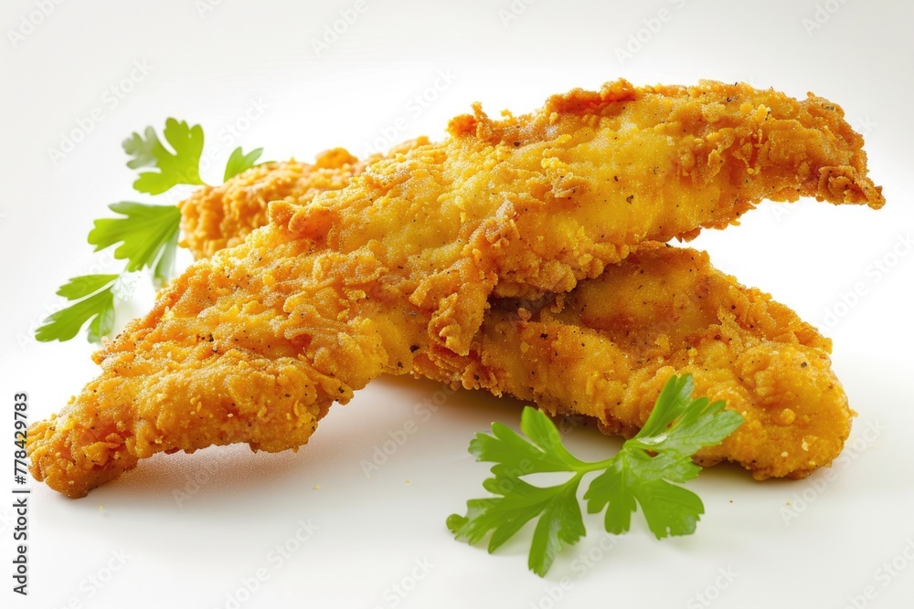 Delicious Baked Chicken Strip Coated with Crunchy Breaded Crumbs - Isolated Appetiser Delicious Baked Chicken Strip Coated with Crunchy Breaded Crumbs - Isolated Appetiser