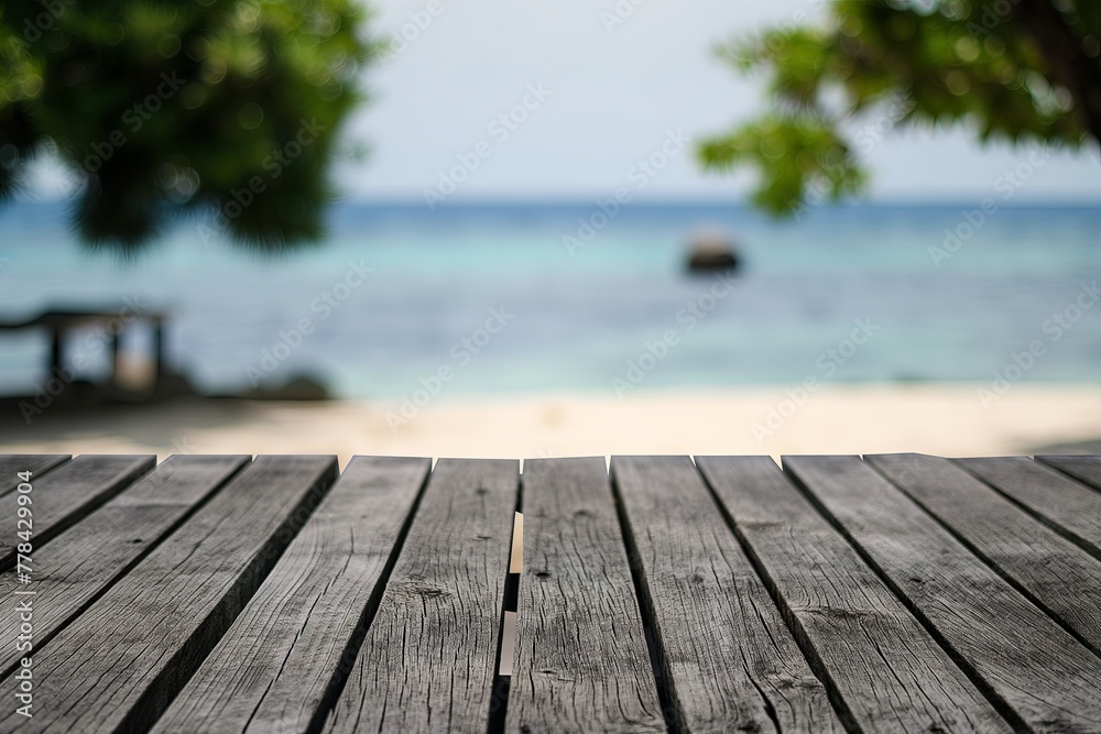 Empty Wooden Planks With Blur Beach And Sea On background Empty Wooden Planks With Blur Beach And Sea On background