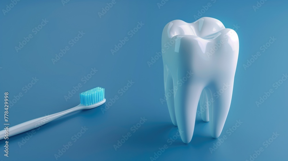 illustration of 3d healthy white tooth and a tooth brush against a blue background, copy space, 3D illustration of 3d healthy white tooth and a tooth brush against a blue background, copy space, 3D