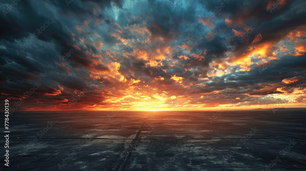 Epic Sunset over a Dark Horizons with Dramatic Sky, Clouds and Black Concrete Floor in a Stunning Landscape