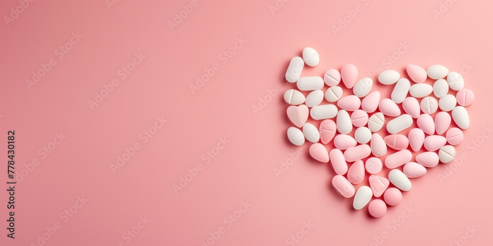 Tablets scattered in a heart shape on a pink background with space for text, Tablets scattered in a heart shape on a pink background with space for text,