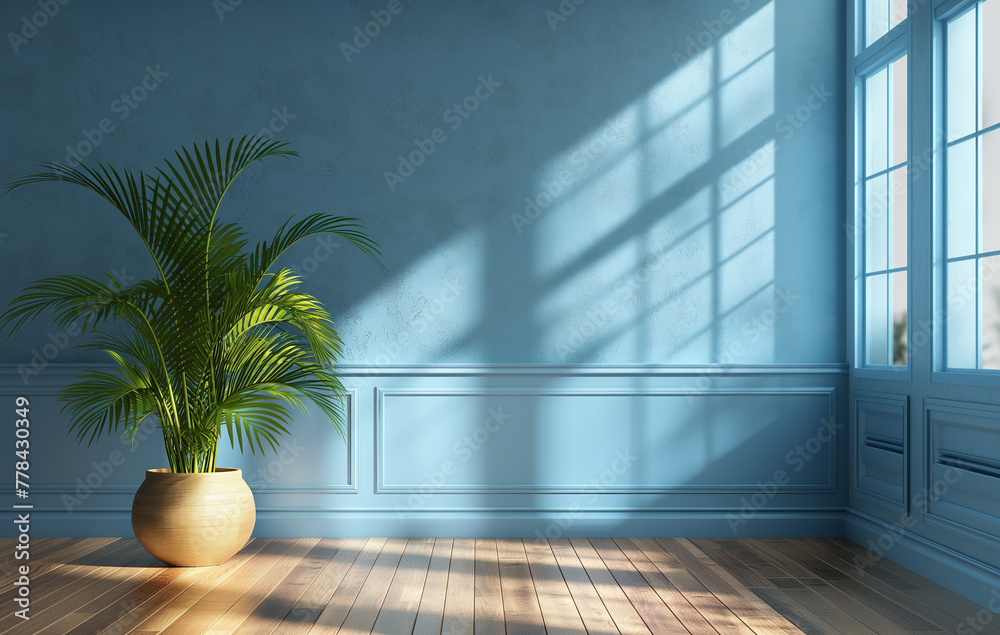 Vibrant Blue Wall with Indoor Potted Plant and Sunlight Casting Shadows. Mockup with copy space Vibrant Blue Wall with Indoor Potted Plant and Sunlight Casting Shadows. Mockup with copy space