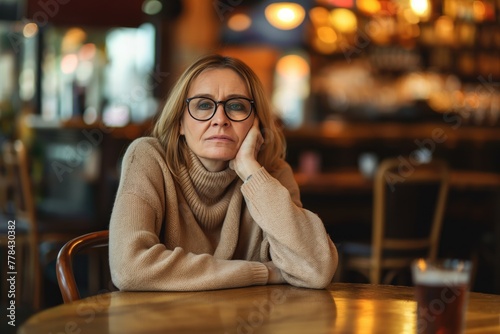Upset middle aged woman sit alone in bar cafe party, feeling lonely or offended, sad woman got bad news, loner avoid talking to people, outsider suffer from discrimination, lacking friends or company