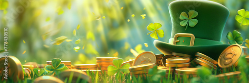 St. Patrick's Day Concept, Pot of Gold with Shamrocks and Sunlight, with Copy Space