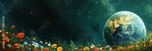 Eco-Friendly Earth Concept, Flourishing Flowers, Space and Stars Background with Copy Space. Earth Day card background frame