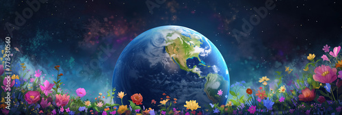 Stylized Earth with colorful floral foreground, cosmic galaxy background, with copy space. Earth Day 