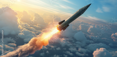Missile launch, dynamic sky, defense technology photo