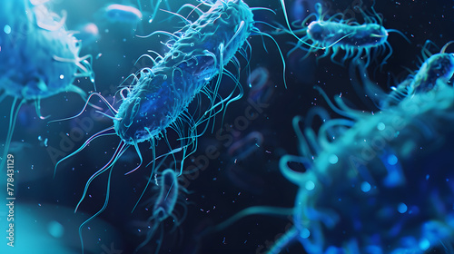 A blue digital rendering of bacteria, showing the individual cells and long strands that make them up. The background is dark with a gradient to give depth. In front there is an extreme closeup of one photo