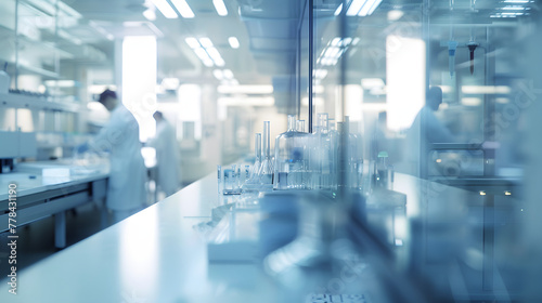 A blurred background of an advanced laboratory with scientists in white coats working on scientific equipment © Oleksandr