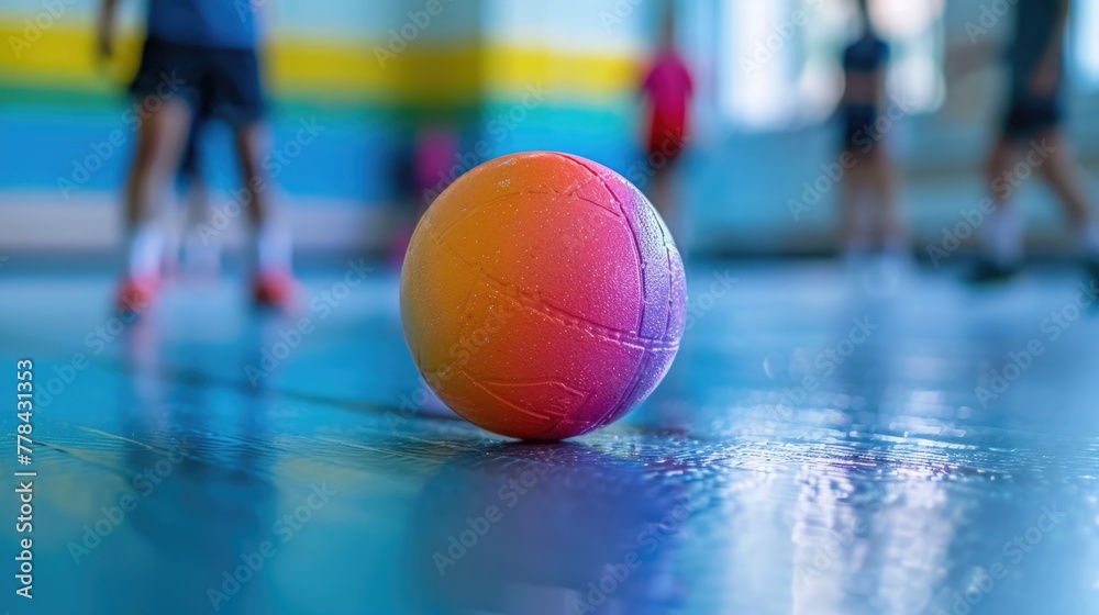 Naklejka premium A close view of a soft, colorful dodgeball against the gymnasium floor with players in action blurred in the background, showcasing the fun and teamwork of dodgeball