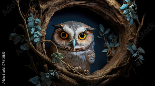 Owl bird in tree hollow. Generative AI
