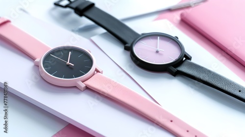 Elegant Pink and Black Watches on Pastel Background. Fashion Accessories. Minimalist Style Timepieces. Modern Design Trends. Photograph for Marketing and Retail Use. AI