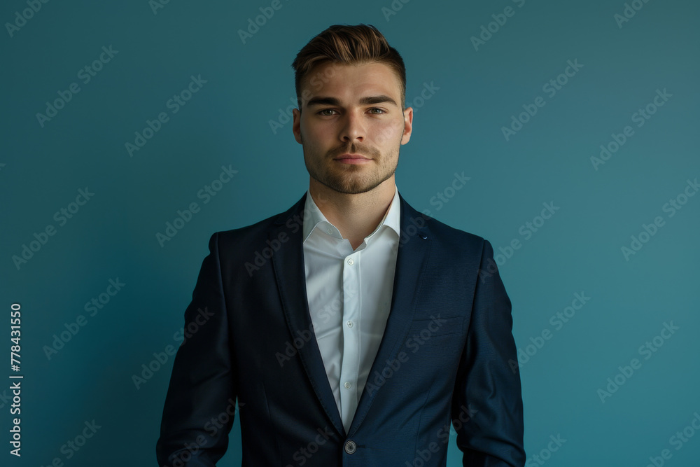 A man in a suit and white shirt stands in front of a blue wall A man in a suit and white shirt stands in front of a blue wall
