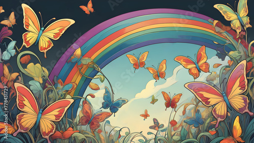 background of many butterflies against the background of a rainbow. Colorful butterfly illustration