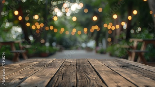 Empty Wooden Deck in Park Background