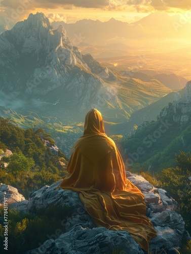 Cloaked Figure Overlooking Mountain Valley at Sunrise