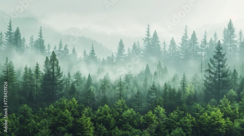 A serene  vast landscape showcasing multiple layers of forested hills enveloped in a soft  ethereal mist  invoking a sense of tranquility