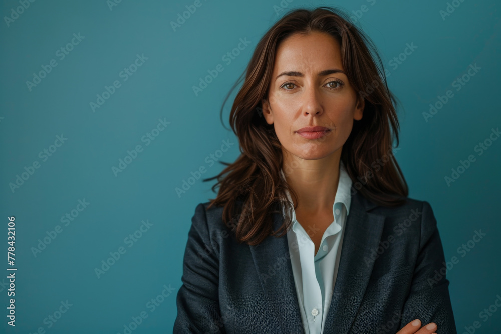 A woman in a suit stands in front of a blue wall A woman in a suit stands in front of a blue wall