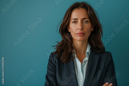 A woman in a suit stands in front of a blue wall