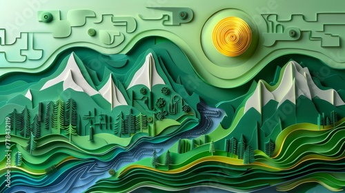 Pixelated Mountains and Binary Skyline: Quilling Paper Art Depicting a Digital Landscape.