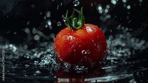 Fresh tomato with splashing water on a dark background