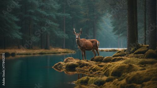 minimal cinematic a deer among the trees forest lake