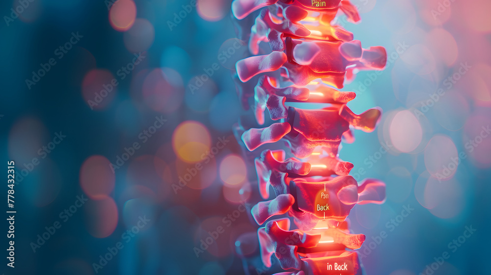 A detailed closeup of the human spine, highlighting areas where pain is felt during natural movement or environmental views such as sitting and standing - obrazy, fototapety, plakaty 