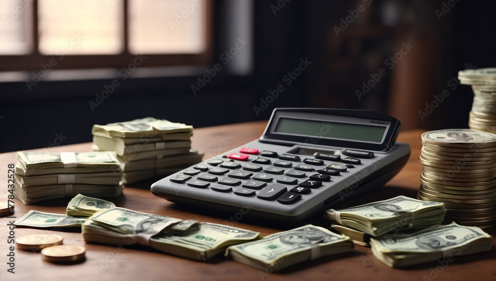 Calculator and dollars on wooden table. Counting money Calculator and dollars on wooden table. Counting money