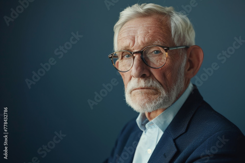 An older man wearing glasses and a suit looks at the camera