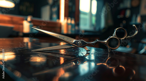 A pair of dangerous hairdressing scissors reflecting light in a stylish barber's studio. 32K.