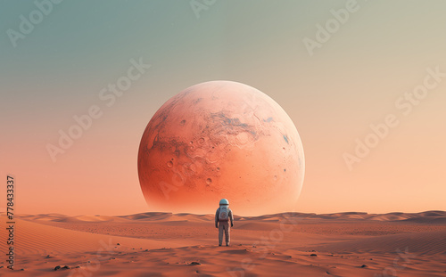 astronaut standing on the surface of the moon, Back view of astronaut with moon in the outer space background. People and Science technology concept