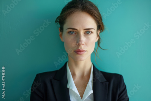 A woman in a suit stands in front of a blue wall