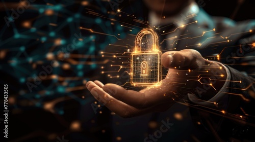 A close-up of a businessman's hand holding a holographic luminous padlock emerges, surrounded by digital encryption symbols, emphasizing the concept of securing sensitive information
