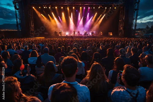 Crowd in a concert hall with lights over the scene, people silhouette on a festival, rock, pop music event, performance.