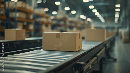 Cardboard box moving on a conveyor belt in a modern automated warehouse Storage and delivery concept © HecoPhoto