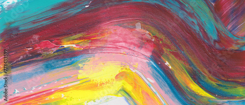 Fondo abstracto de colores vibrantes. Recurso creativo de pintura formando ondas abstractas de colores. Colores verdes, amarillos y rojos photo