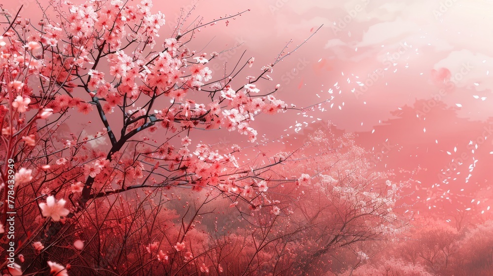 Simplified Cherry Blossom Scene in Soft Pinks and Whites with Abstract Form Simplified Cherry Blossom Scene in Soft Pinks and Whites with Abstract Form
